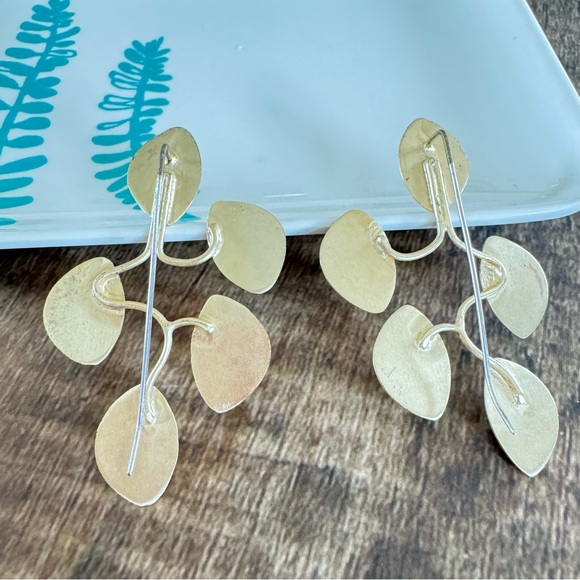 Matte Gold Earrings 2-1/4” Drop Leaf Design - Picture 2 of 5